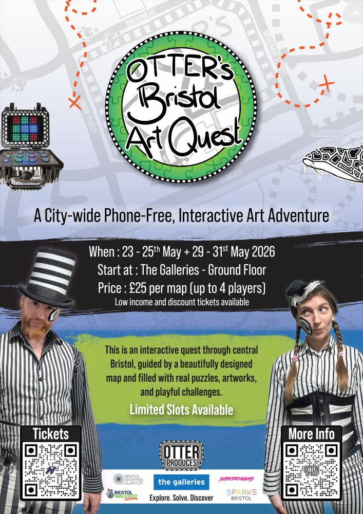 A poster for OTTERs Bristol Art Quest. An interactive cross city interactive art quest with a scavenger hunt treasure map